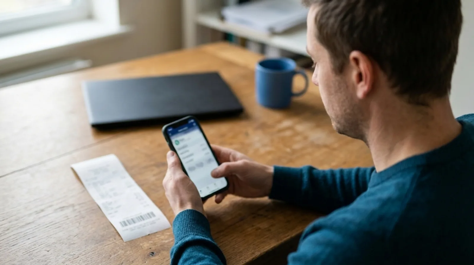 A person seen over the shoulder holding a phone in both hands and looking down at it, with a long narrow till receipt lying on a wooden desk beside them, a closed laptop and a blue mug behind.