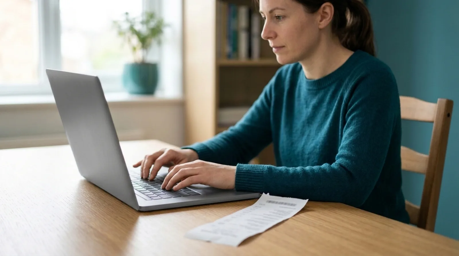 A person at a desk seen from the side, looking at an open laptop with their hand on the keyboard, a narrow till receipt lying flat beside it