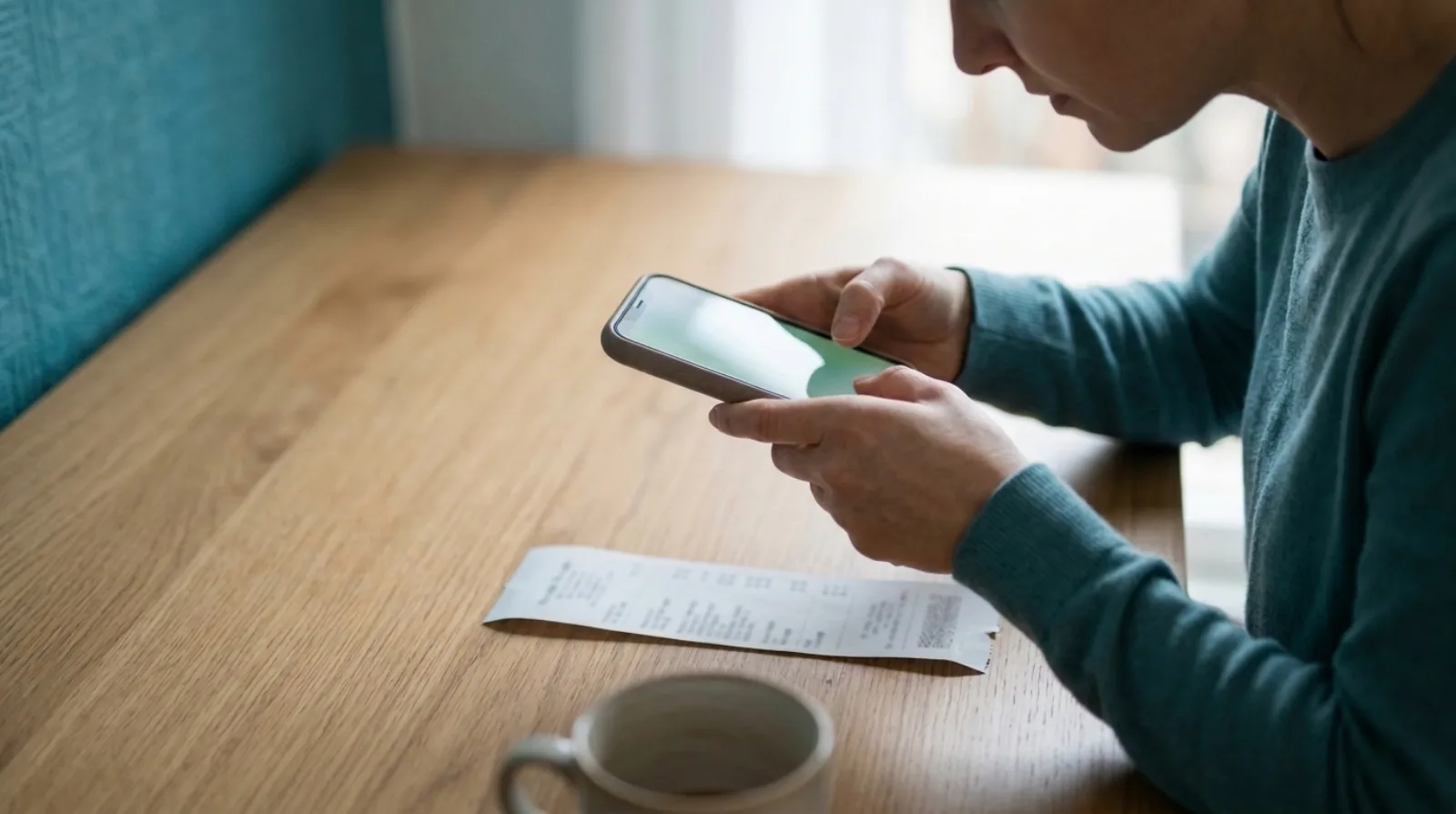 A woman in a teal jumper seen from the side at a wooden desk, holding a phone in both hands with her thumb on the screen, a long narrow till receipt lying on the desk in front of her and a mug beside it.