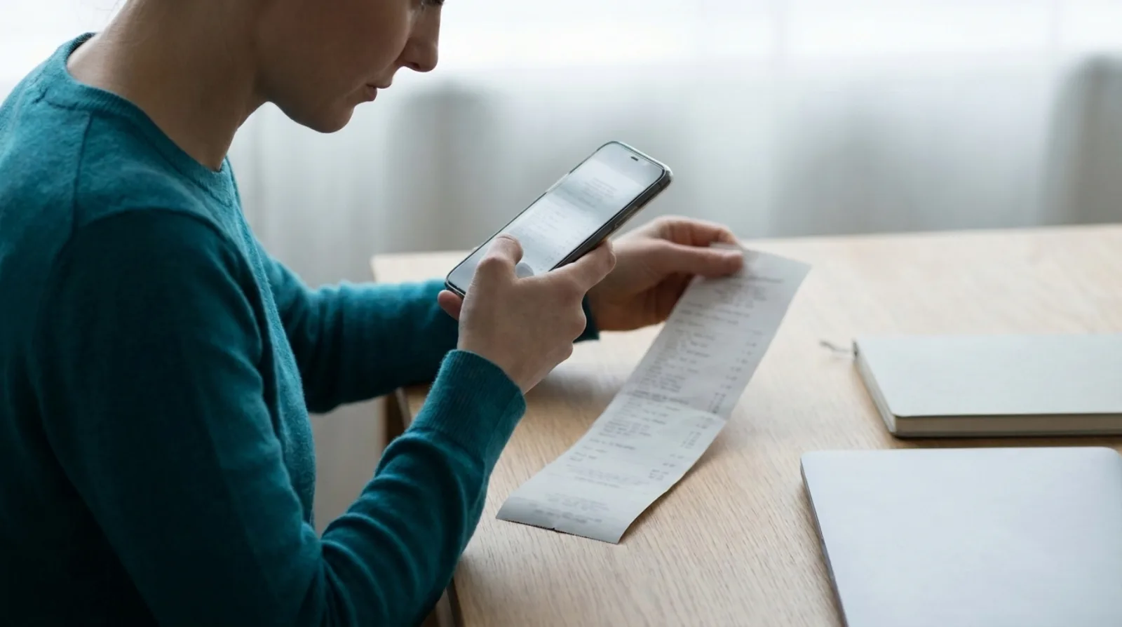 A woman in a teal jumper at a wooden desk, holding a phone over a till receipt lying on the desk, with a closed laptop and a notebook beside her.