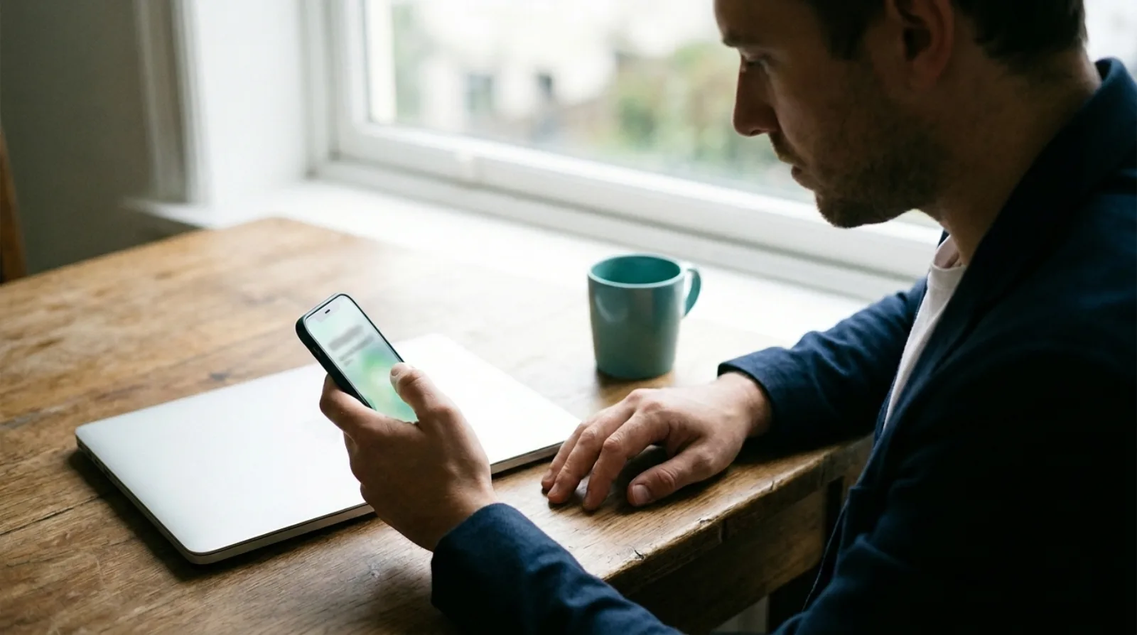 A man in profile at a wooden table by a window, seen from beside his shoulder, holding a phone in one hand with his thumb on the screen, a closed laptop and a mug beside him