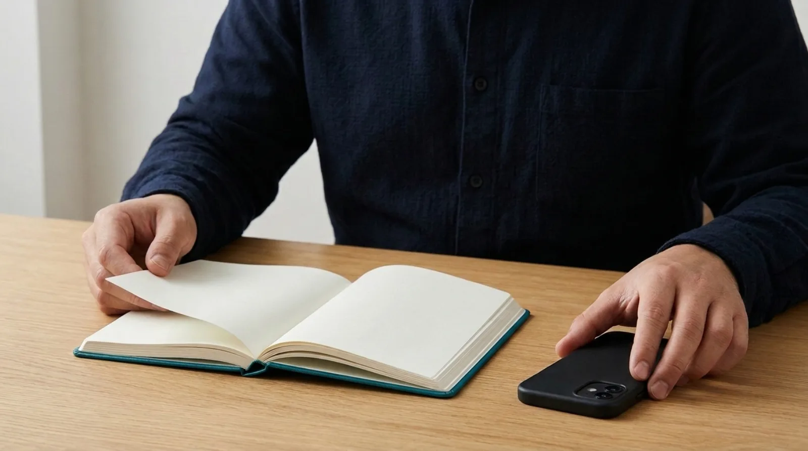 A person in a navy shirt at an oak desk opening a teal notebook with one hand while picking up a face-down black phone with the other